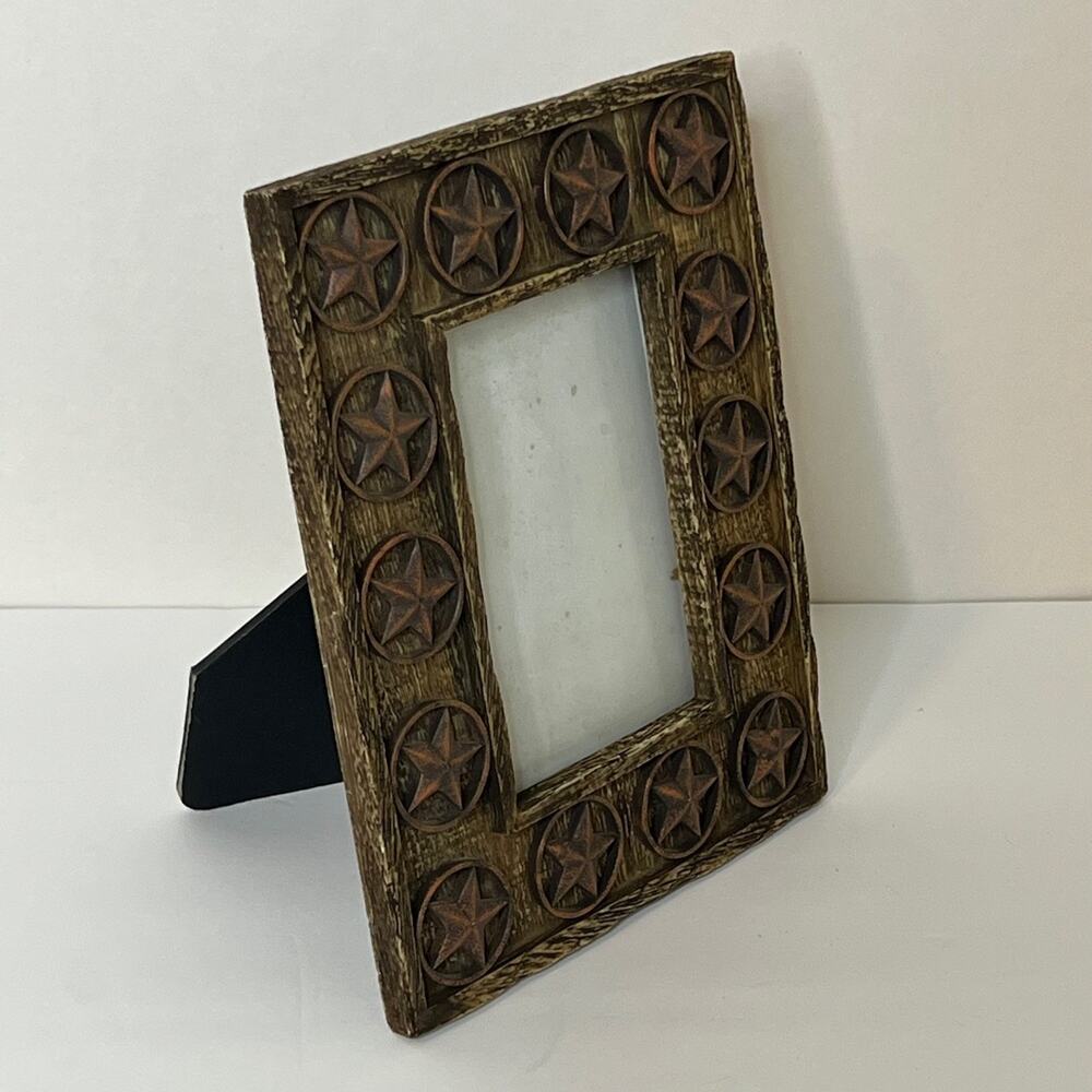 Western Rustic Star Photo Frame 4x6 Tabletop Brown Distressed Wood Look